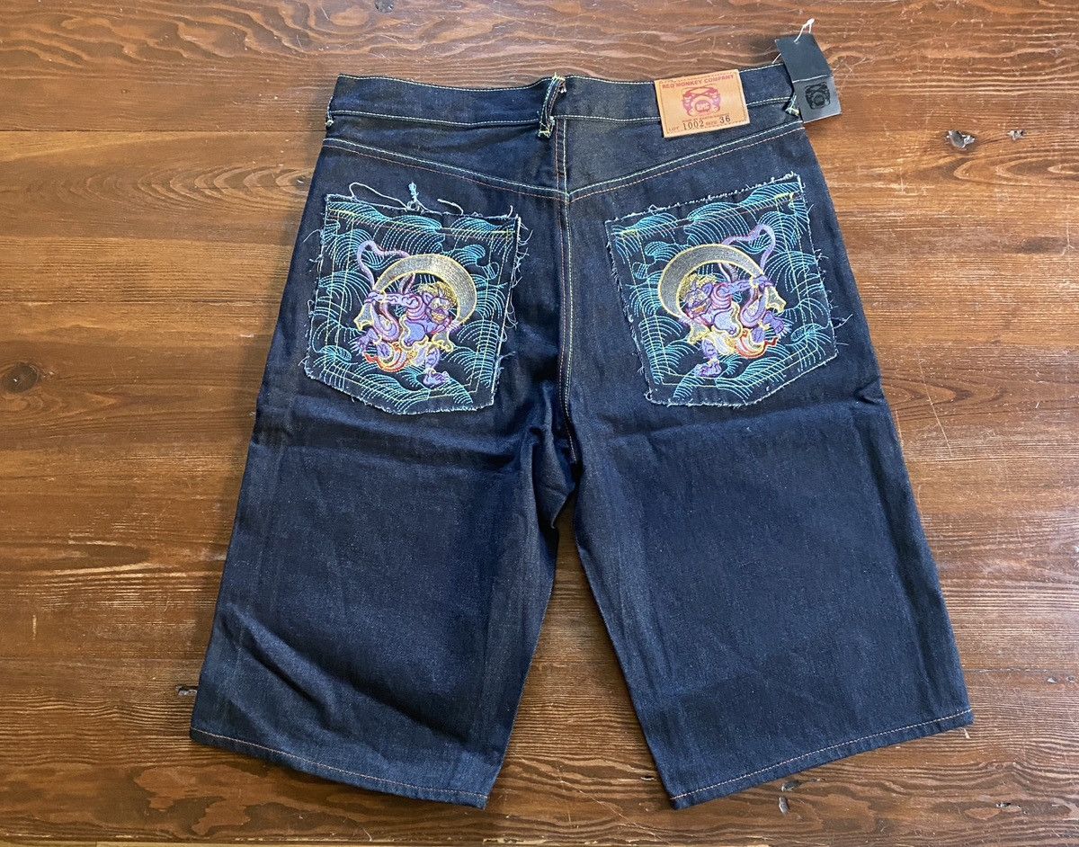 RMC Jeans Red Monkey Company Embroider Wide Denim Jean Short Selvedge Size US 37 - 2 Thumbnail
