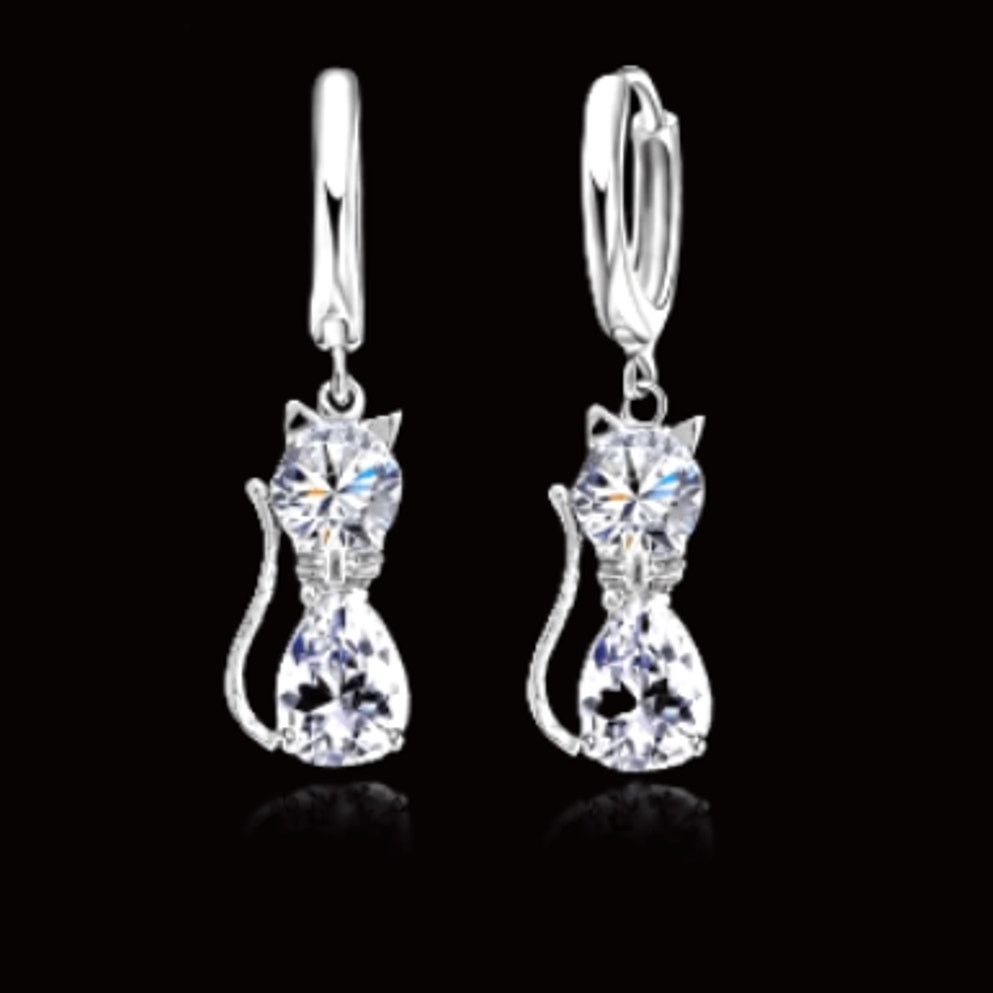 Designer Pink Crystal Cat Earrings Silver Huggie Dangle Earrings Size ONE SIZE - 4 Thumbnail