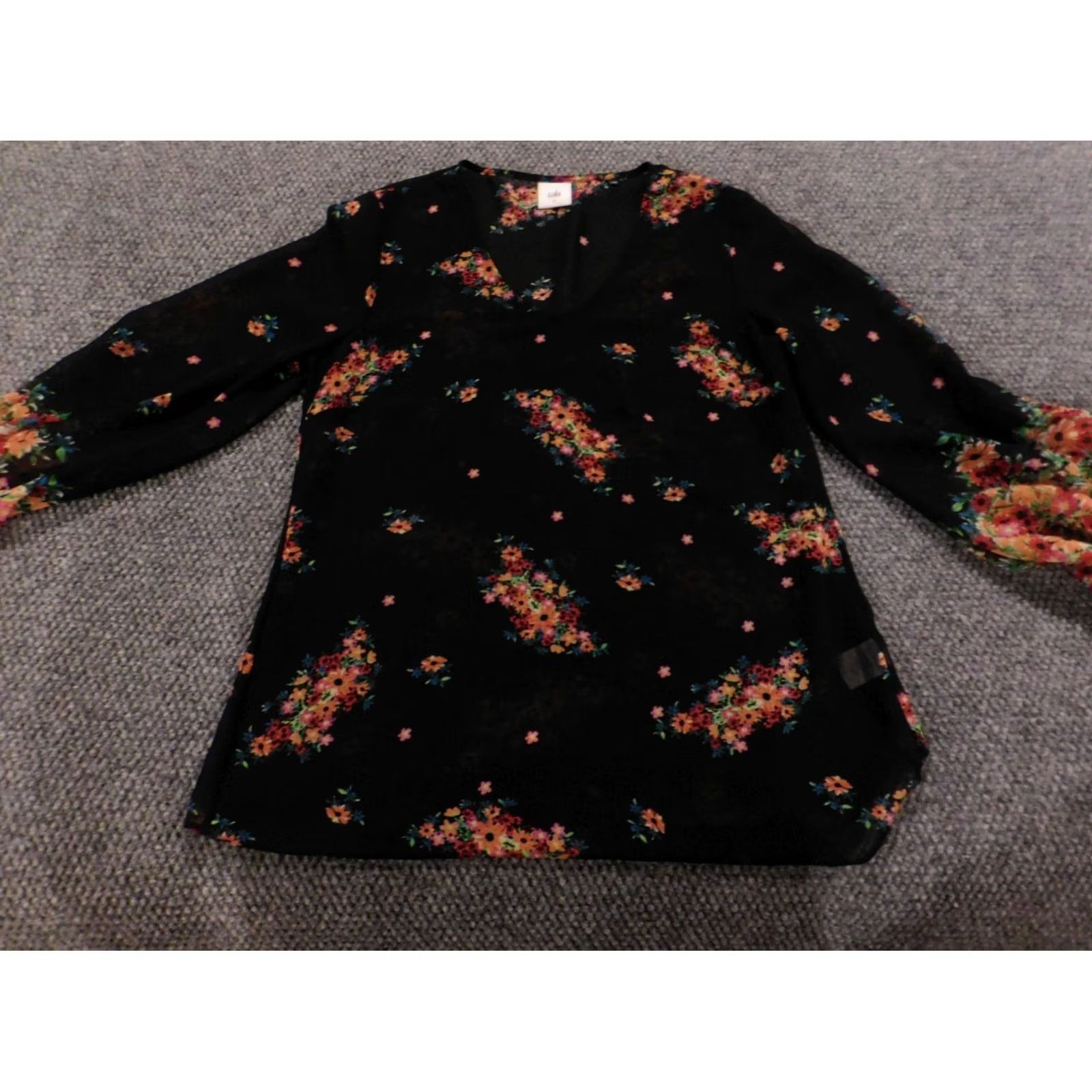 Vintage Cabi Blouse Women Small Black Floral Sheer Designer Top Stretch Crew Neck Long Sleeve Casual Shirt Size S / US 4 / IT 40 - 2 Thumbnail