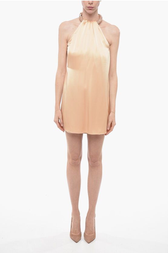 image of Stella Mccartney Halter Neck Satin Minidress With Jeweled Neckline in Pink, Women's (Size Medium)