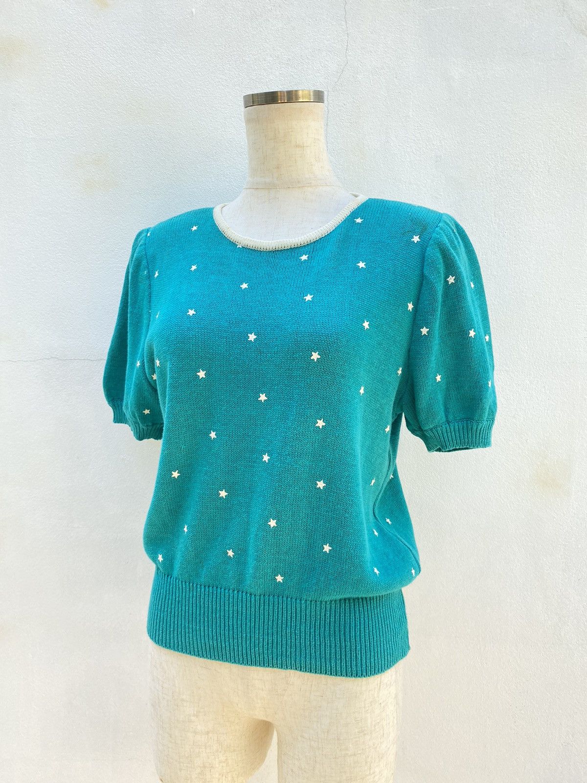 Vintage Paserio Teal Puff Sleeve Knit Top with Star Pattern Size S / US 4 / IT 40 - 18 Thumbnail