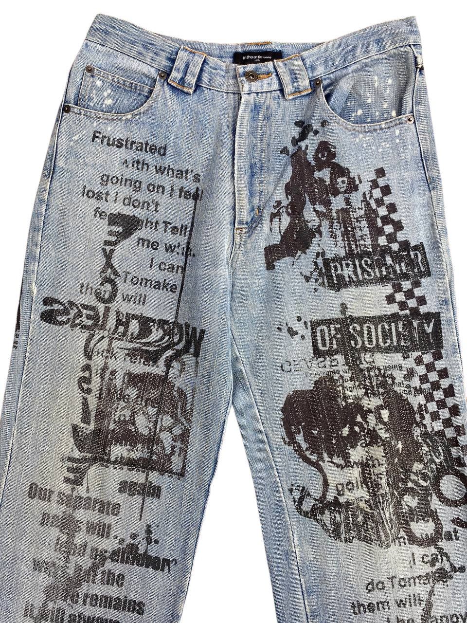 Japanese Brand 2000's In The Attic Poem All Over Print Washed Denim Size US 30 / EU 46 - 2 Thumbnail