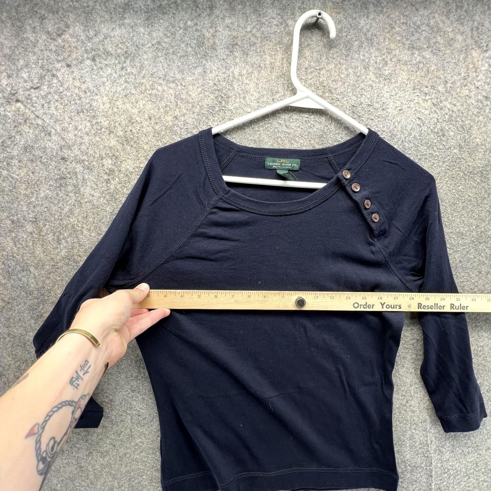 Vintage Lauren Jeans Co. Ralph Lauren Shirt Womens M Button Shoulder 3/4 Sleeve Top Blue Navy Raglan Casual Shirt Women Size M / US 6-8 / IT 42-44 - 5 Thumbnail