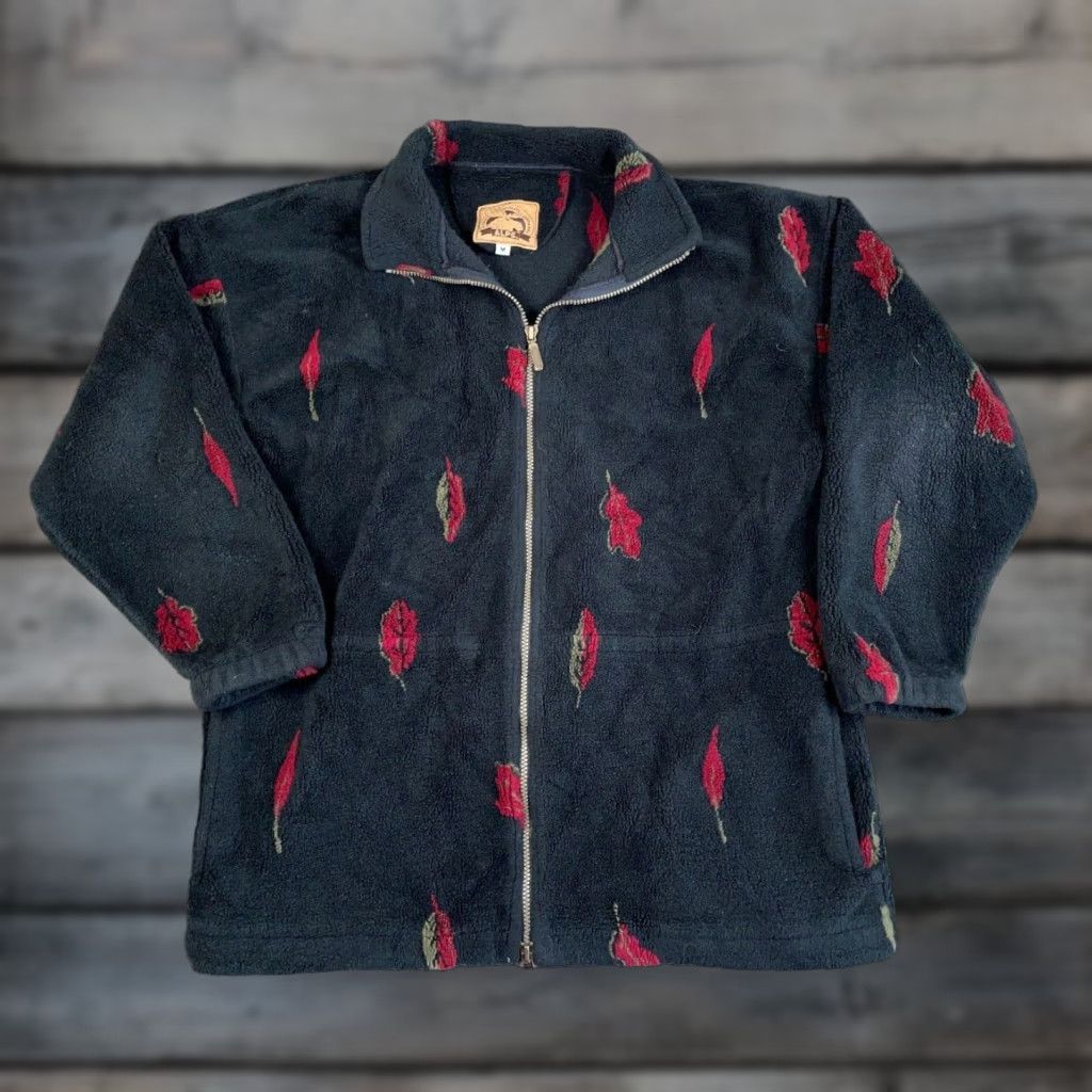 Vintage VTG Alps Leaf Pattern Fleece Zip Up Jacket Women's Medium Black Relaxed Fit Size M / US 6-8 / IT 42-44 - 1 Thumbnail