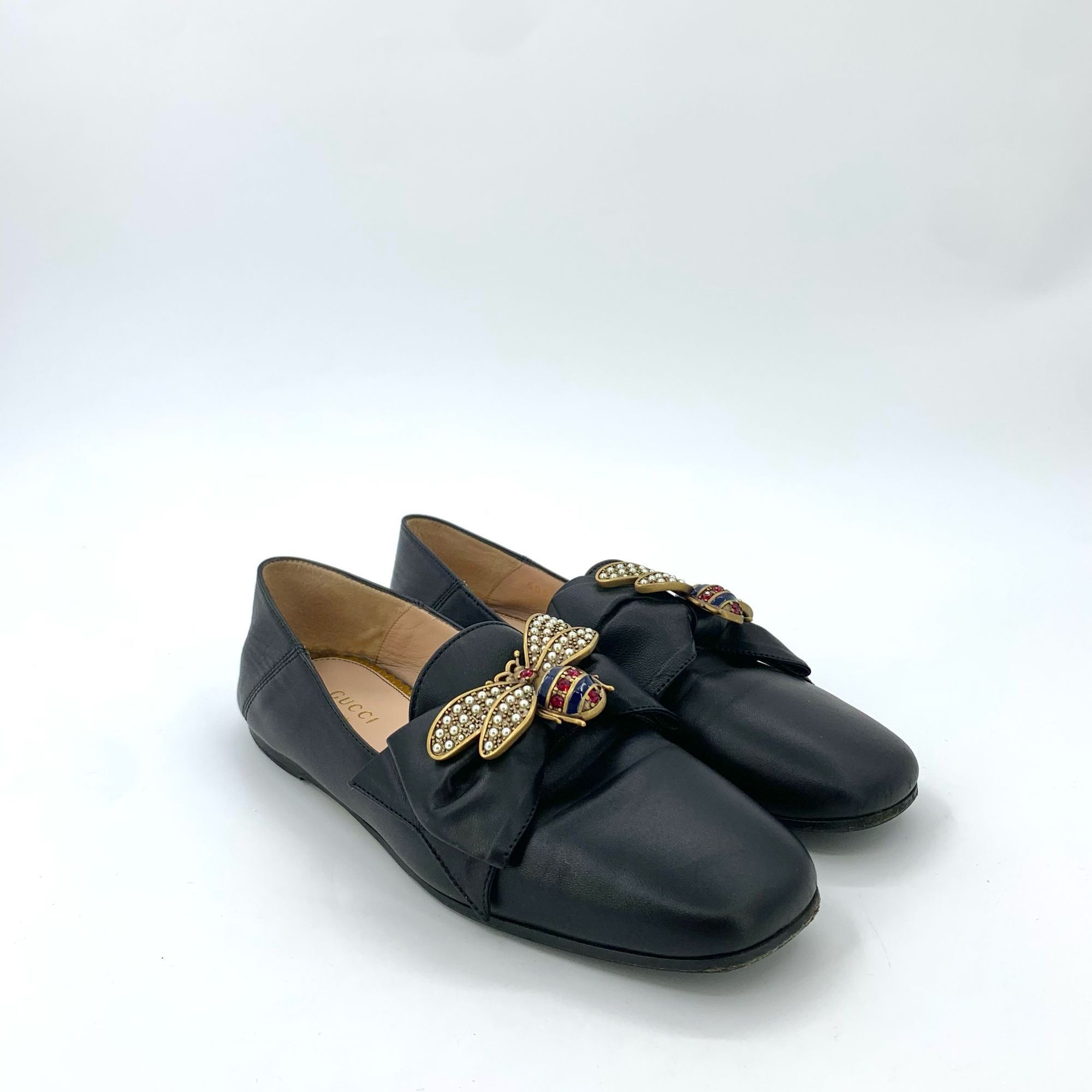 Gucci Gucci Black Leather Bee Flats With Rhinestone Detail Size 36 Size US 6 / IT 36 - 8 Thumbnail