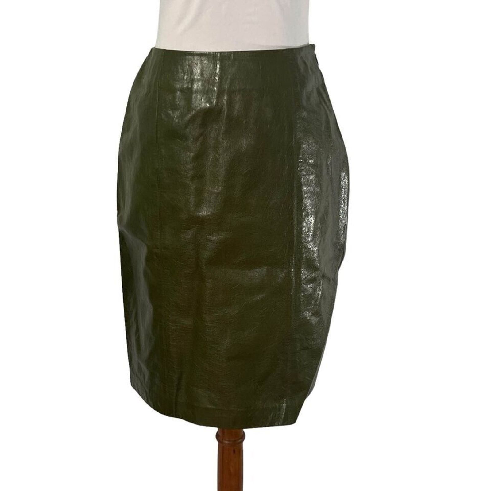 Ellen Tracy Vintage 80s Linda Allard Olive Green Leather skirt 4 Petite Size 27" / US 4 / IT 40 - 2 Thumbnail