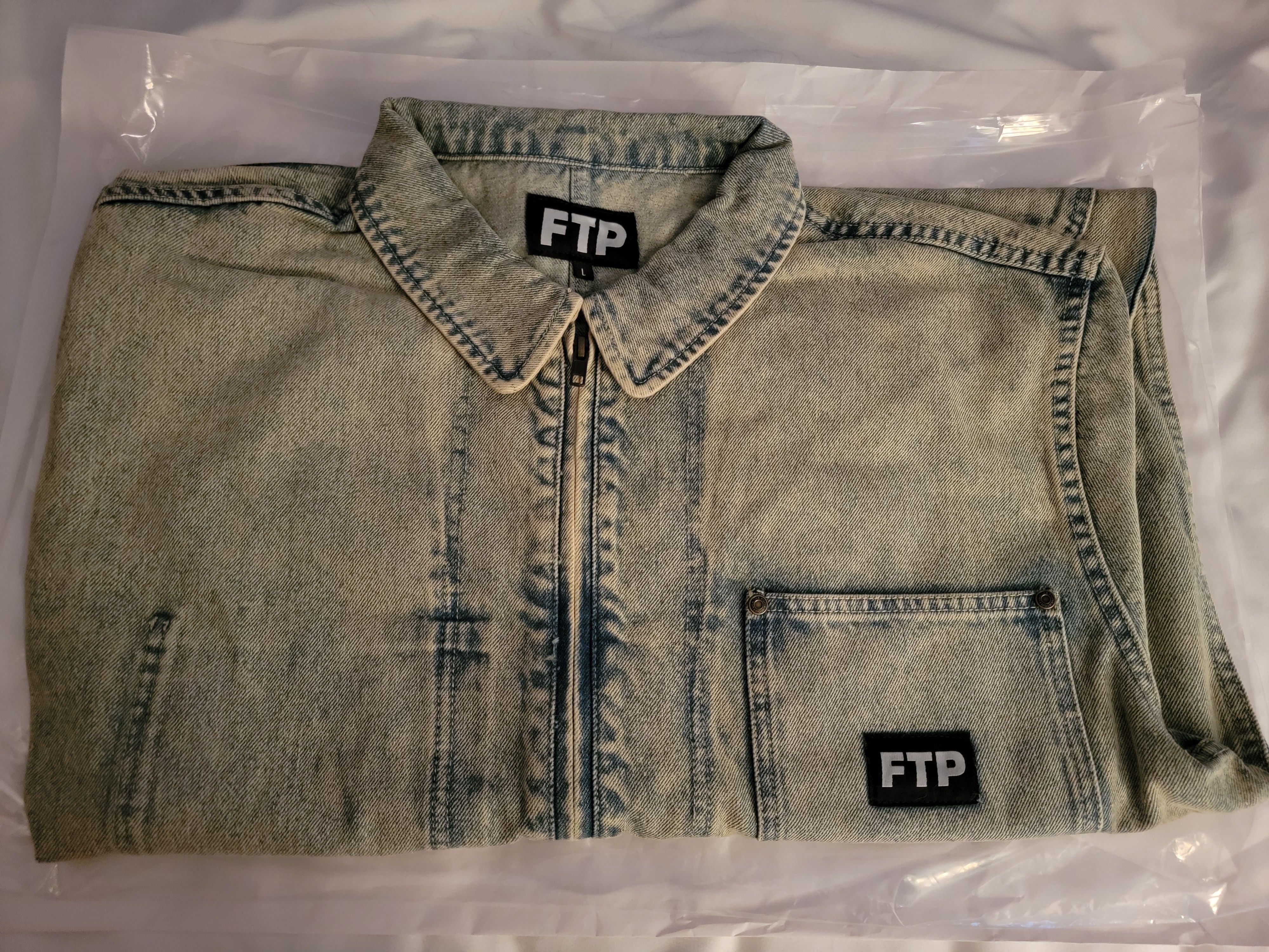 Fuck The Population FTP Frayed Denim Logo Chore Jacket (Dirt Wash, L) Size US L / EU 52-54 / 3 - 4 Thumbnail