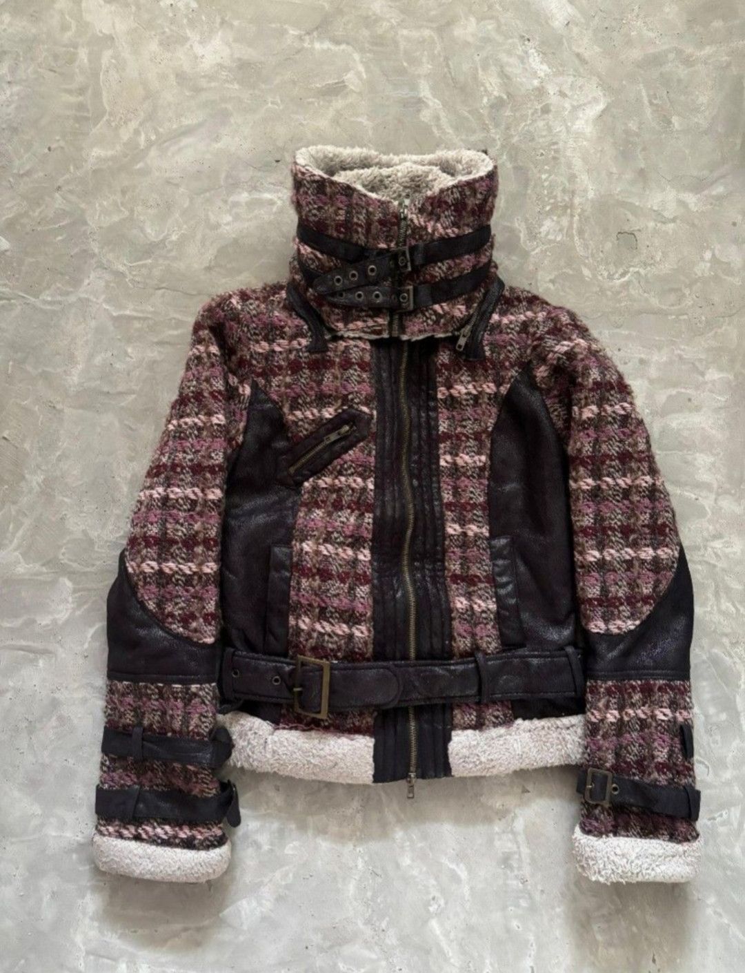 DESIGUAL Women's Coat EU36 Wool Faux Fur Shearling Tweed