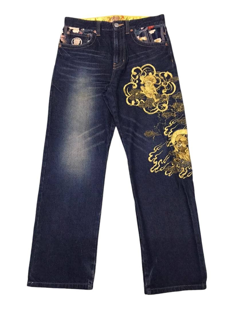 Japanese Brand Crazy🔥🔥 Japanese Motive Sukajan Gold Evil Embroidery Jeans Size US 32 / EU 48 - 1 Thumbnail