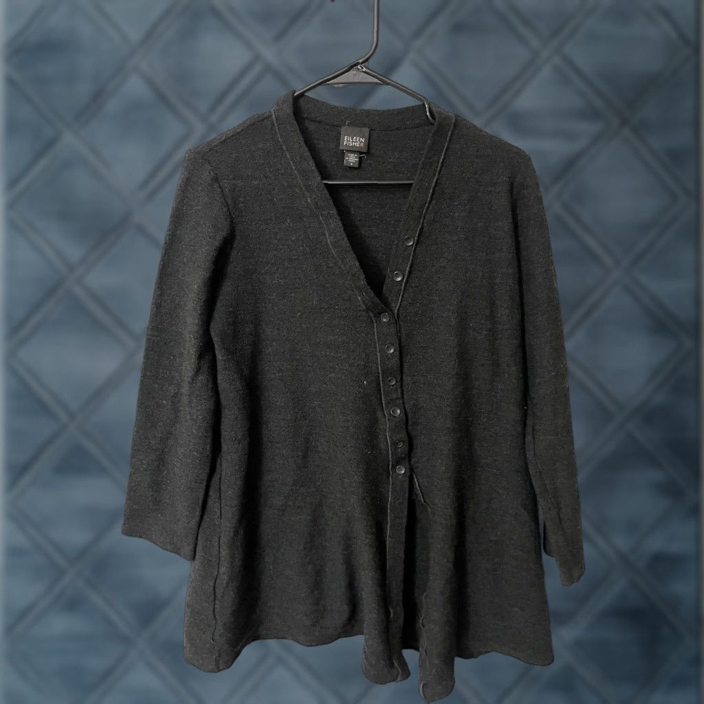Eileen Fisher EILEEN FISHER Women's Cardigan Sweater 100% Merino Wool Size S Charcoal Gray Button Size S / US 4 / IT 40 - 1 Thumbnail