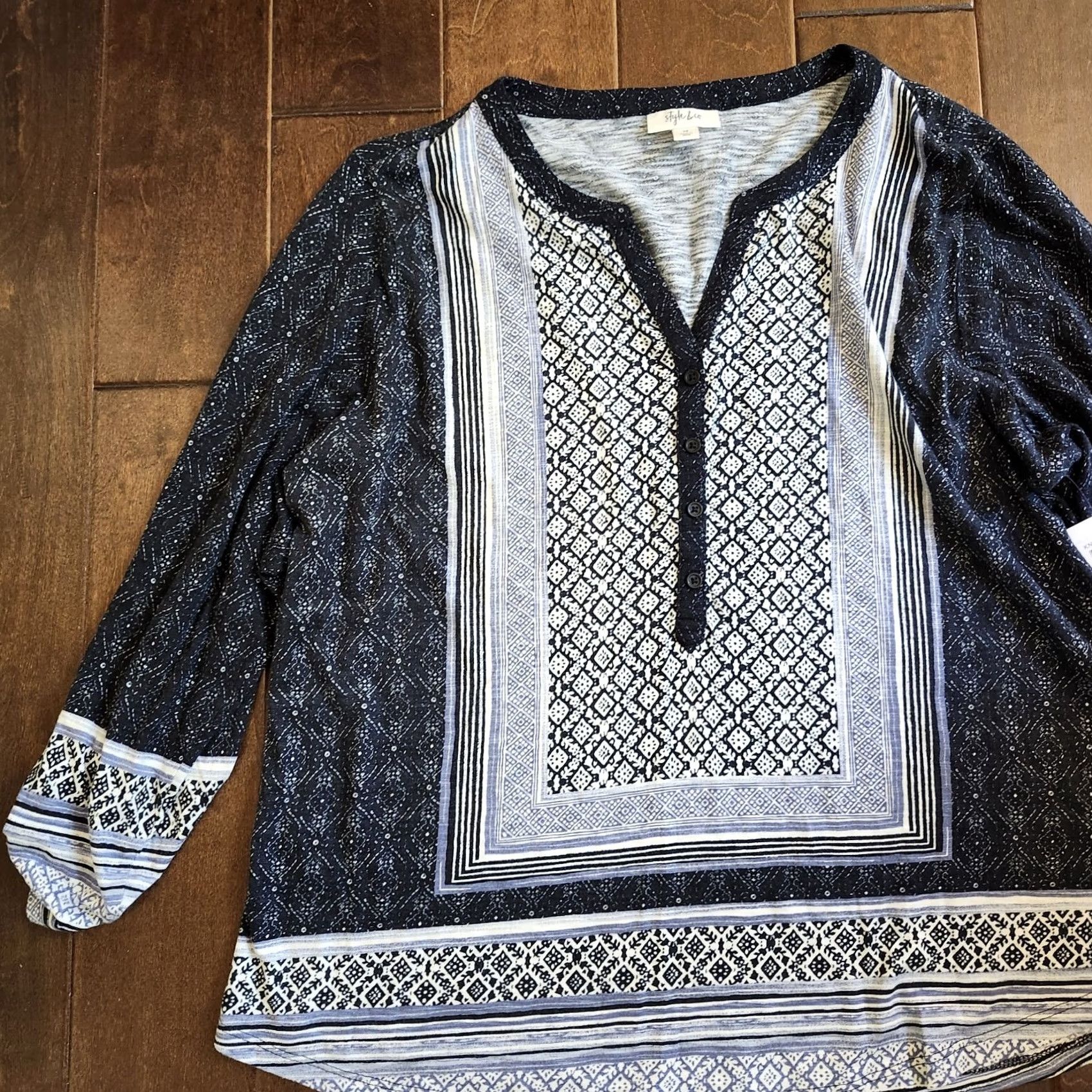 Style & Co Style & Co Women's Mixed-Print Split-Neck Tab-Sleeve Top Black 1X NWT Regular Beaded Cotton & Modal Casual Shirt Women Size XL / US 12-14 / IT 48-50 - 3 Thumbnail