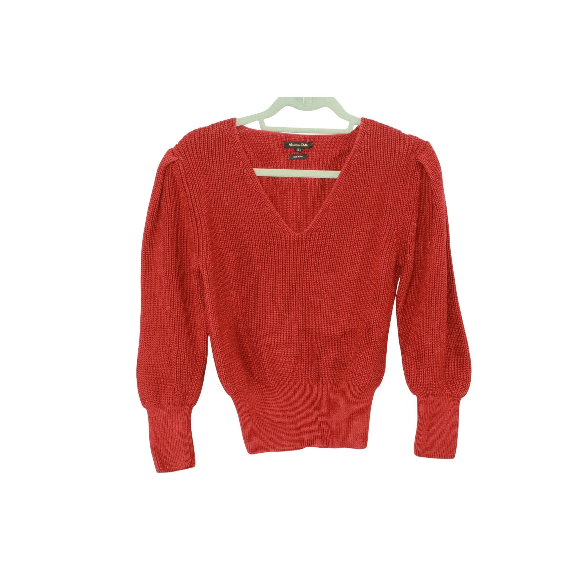 Massimo Dutti Massimo Dutti Red Knit Puff Sleeve V-Neck Sweater Size L Size L / US 10 / IT 46 - 1 Thumbnail