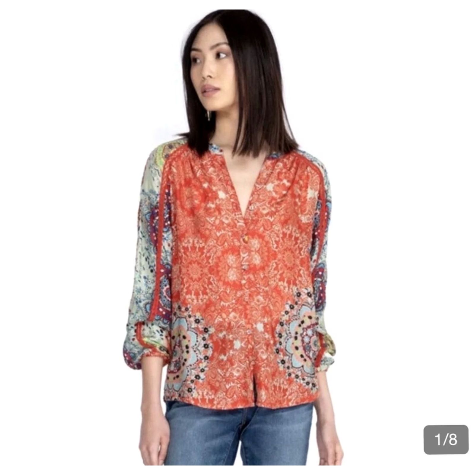 Johnny Was Johnny Was Blouse Shirt Tunic Bohemian Floral Silk Silk Multicolor Long Sleeve V-Neck Button Up Size M Womens Size M / US 6-8 / IT 42-44 - 4 Thumbnail