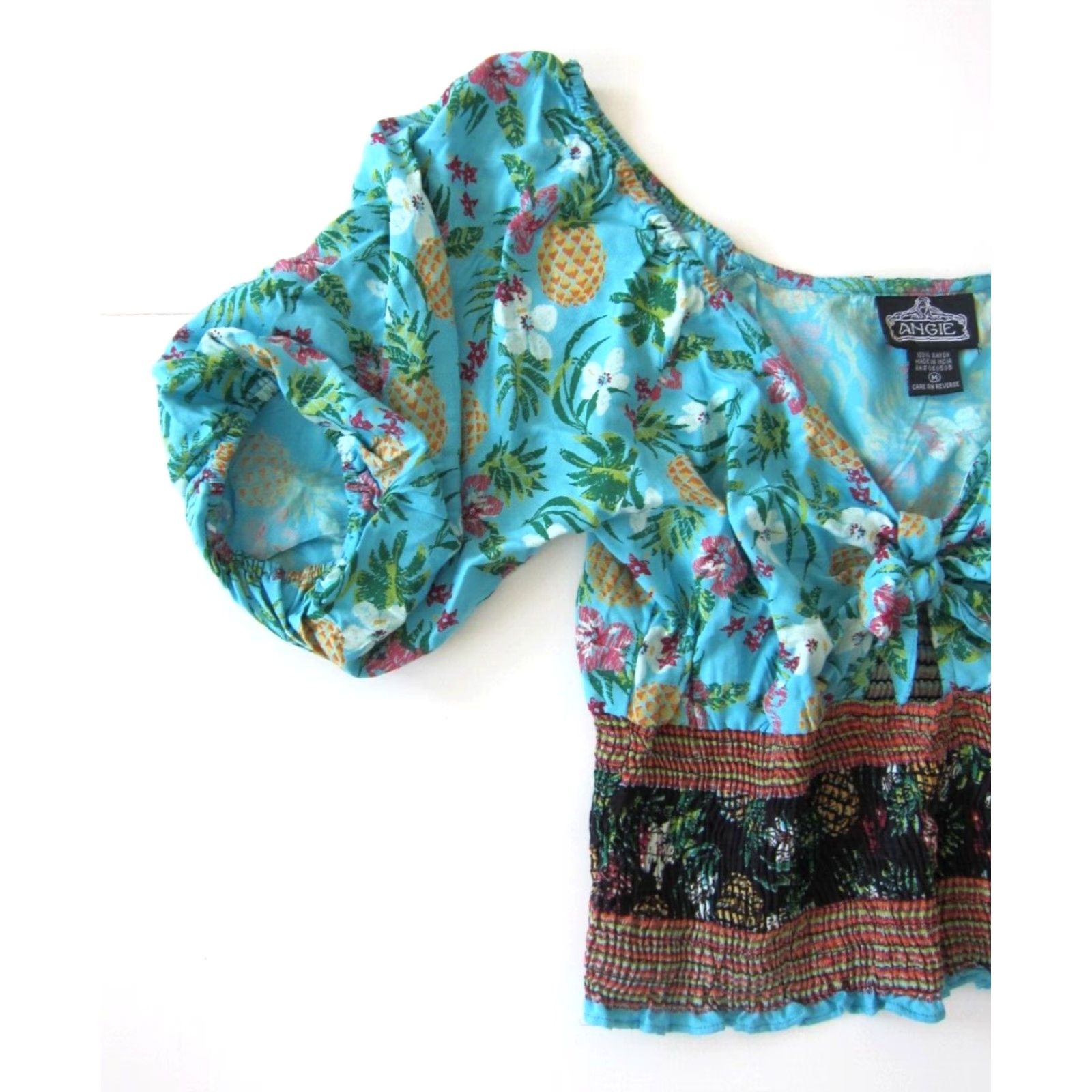 Vintage Angie Blouse Shirt Womens V-Neck Puff Sleeve Crop Peasant 100% Rayon Blue Green Pink Medium Size M / US 6-8 / IT 42-44 - 4 Thumbnail