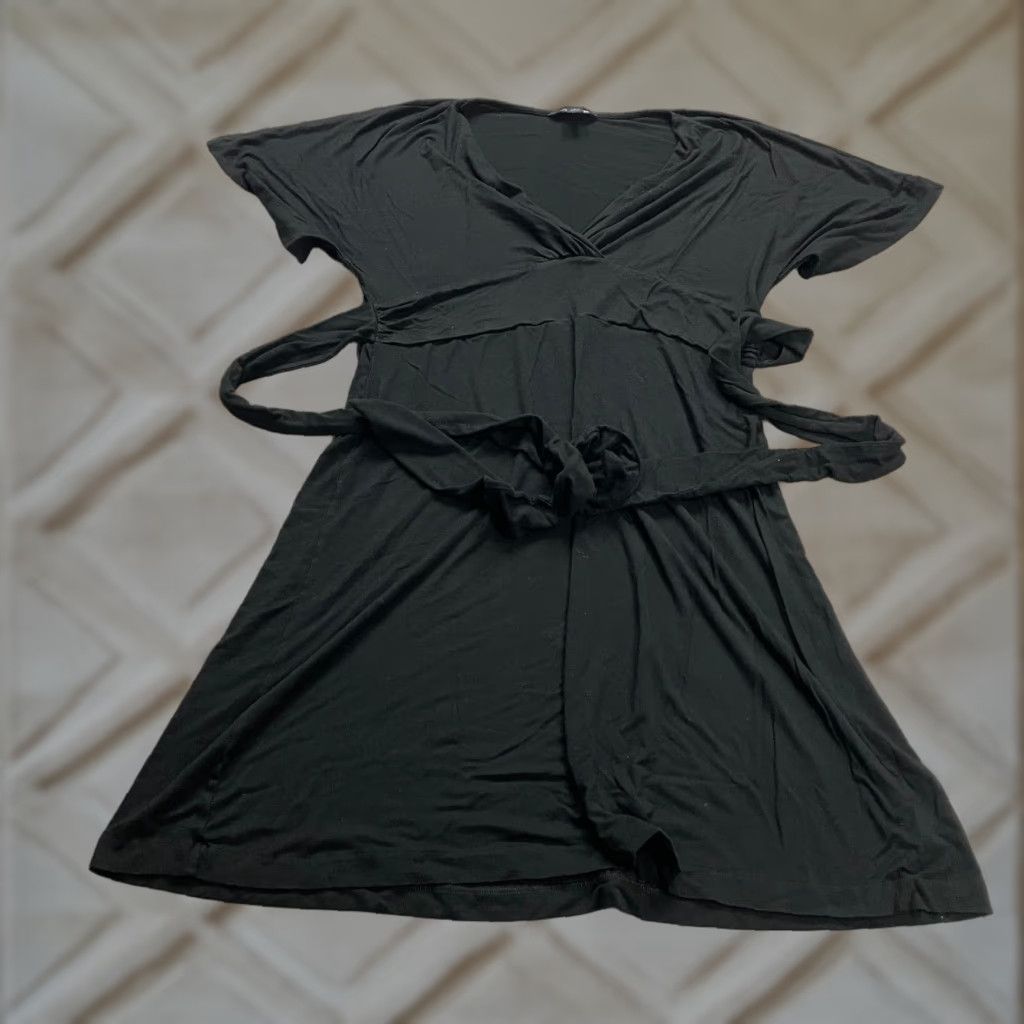 Banana Republic Dress Womens Large Black A-Line Midi Belted V-Neck Short Sleeve
