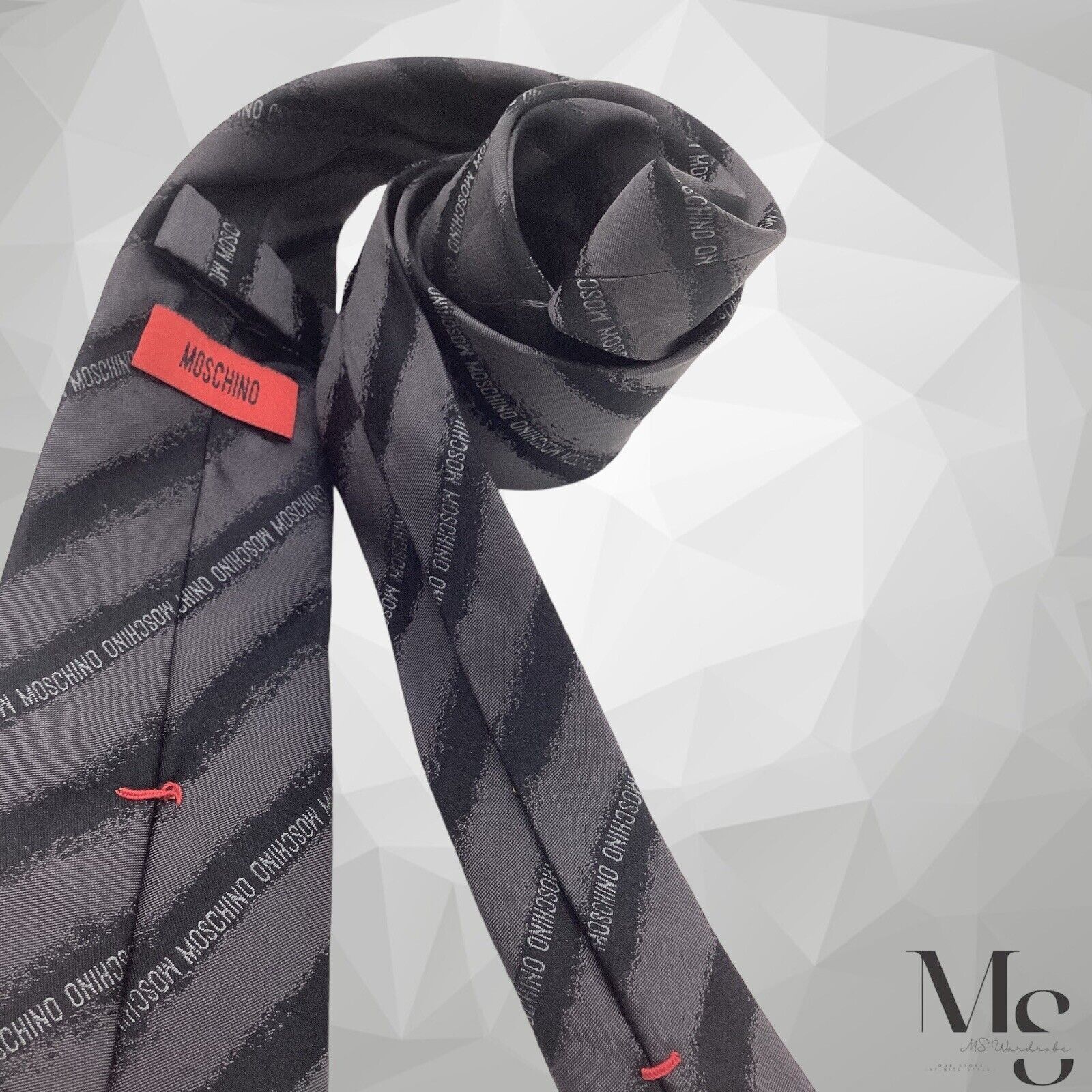 Moschino MOSCHINO Gray With Black Stripe Monogrammed Silk Tie Made In Size ONE SIZE - 6 Thumbnail