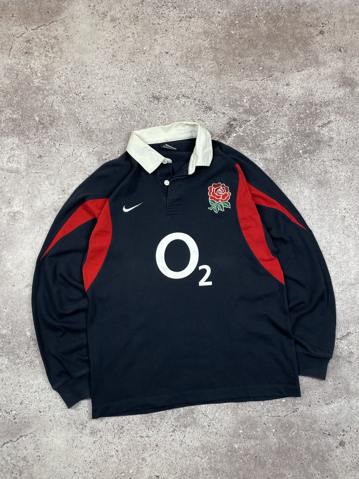 image of Nike Rugby O2 Longsleeve Vintage 90's 80's in Blue, Men's (Size Medium)