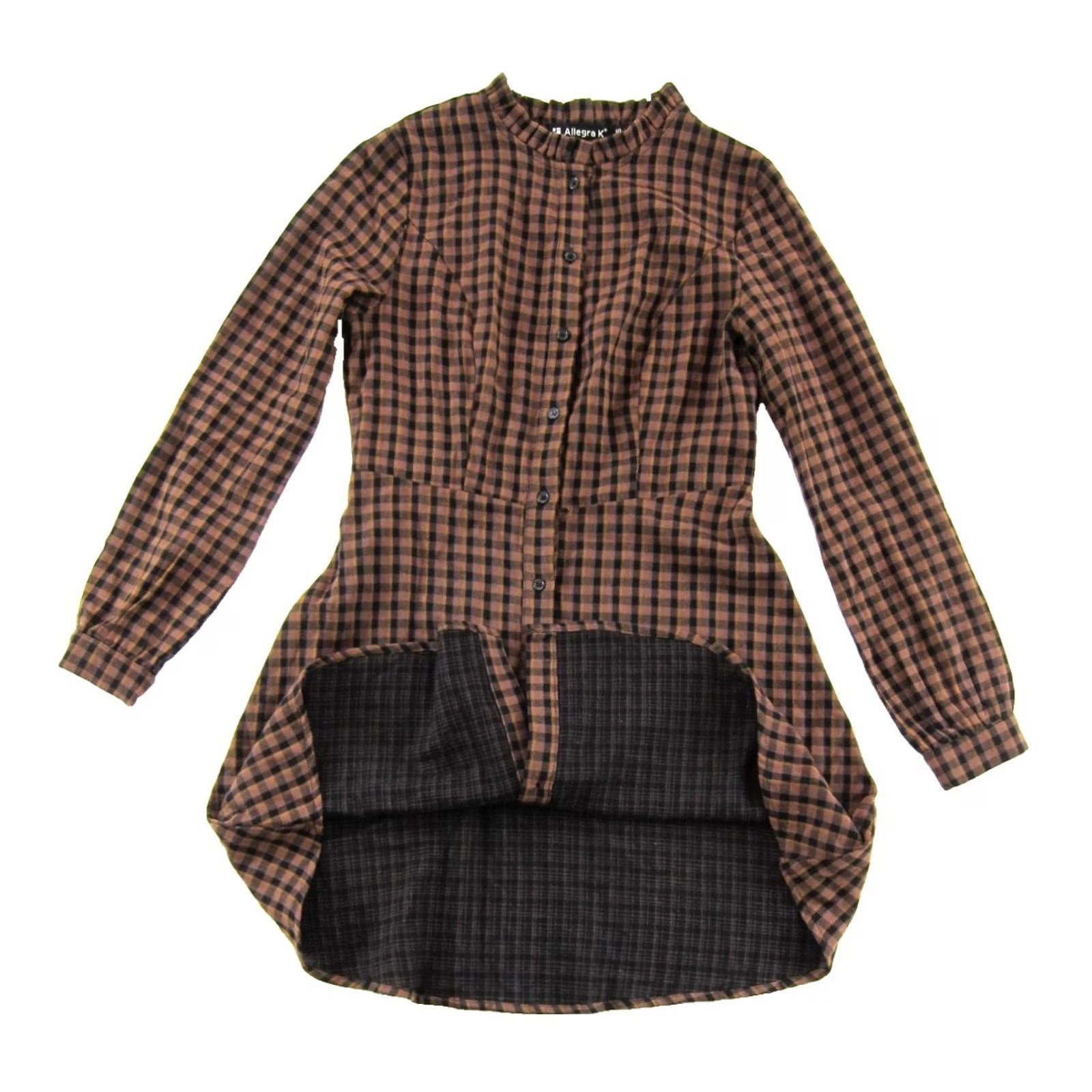 Vintage Allegra K Dress Shirt Brown Black Plaid High Ruffle Neck Button Down Long Sleeve XS Women’s Size XS / US 0-2 / IT 36-38 - 5 Thumbnail