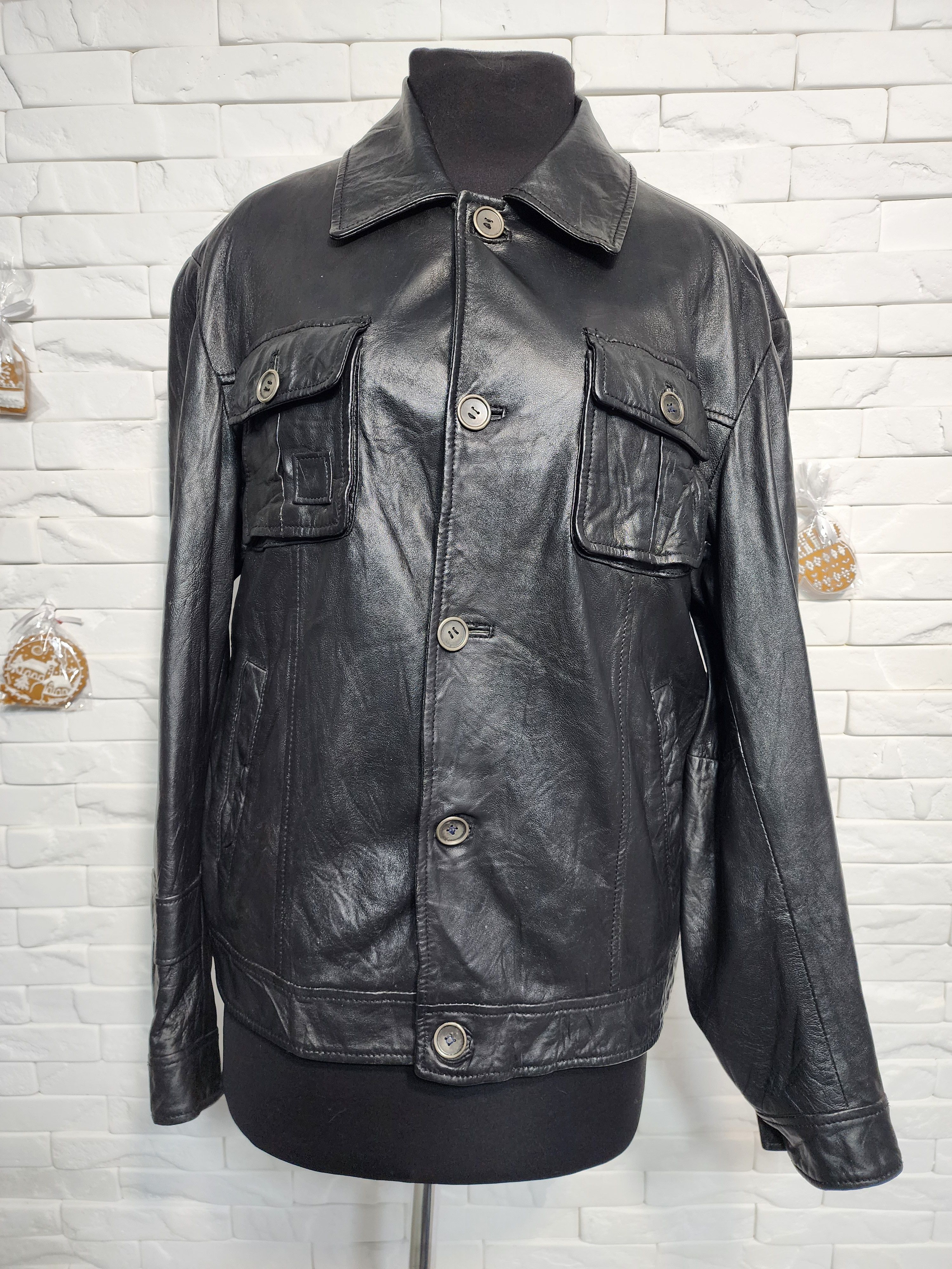 Other Men's Black Genuine Leather Jacket: Button Up Style, Pockets Size US L / EU 52-54 / 3 - 1 Thumbnail