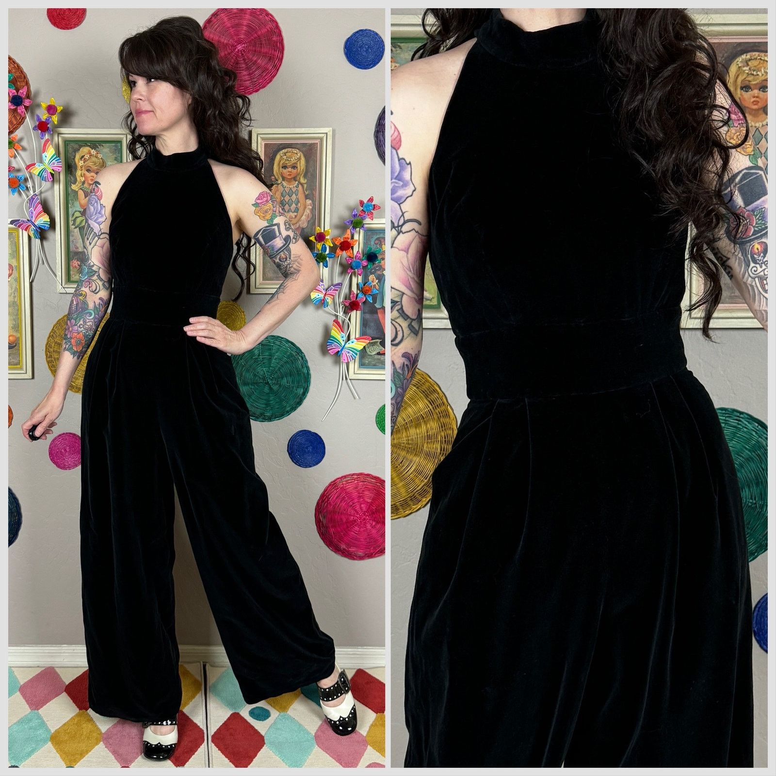 Vintage 1980s Black Velvet Halter Cut Out Back Wide Leg Jumpsuit Size 26" / US 2 / IT 38 - 1 Thumbnail