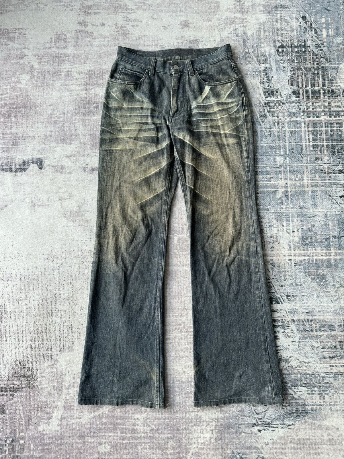 パンツ 00s goa flare damage zip denim VINTAGE G.O.A Early 00s Acid Washed Blue Bell-bottom Flare Denim The