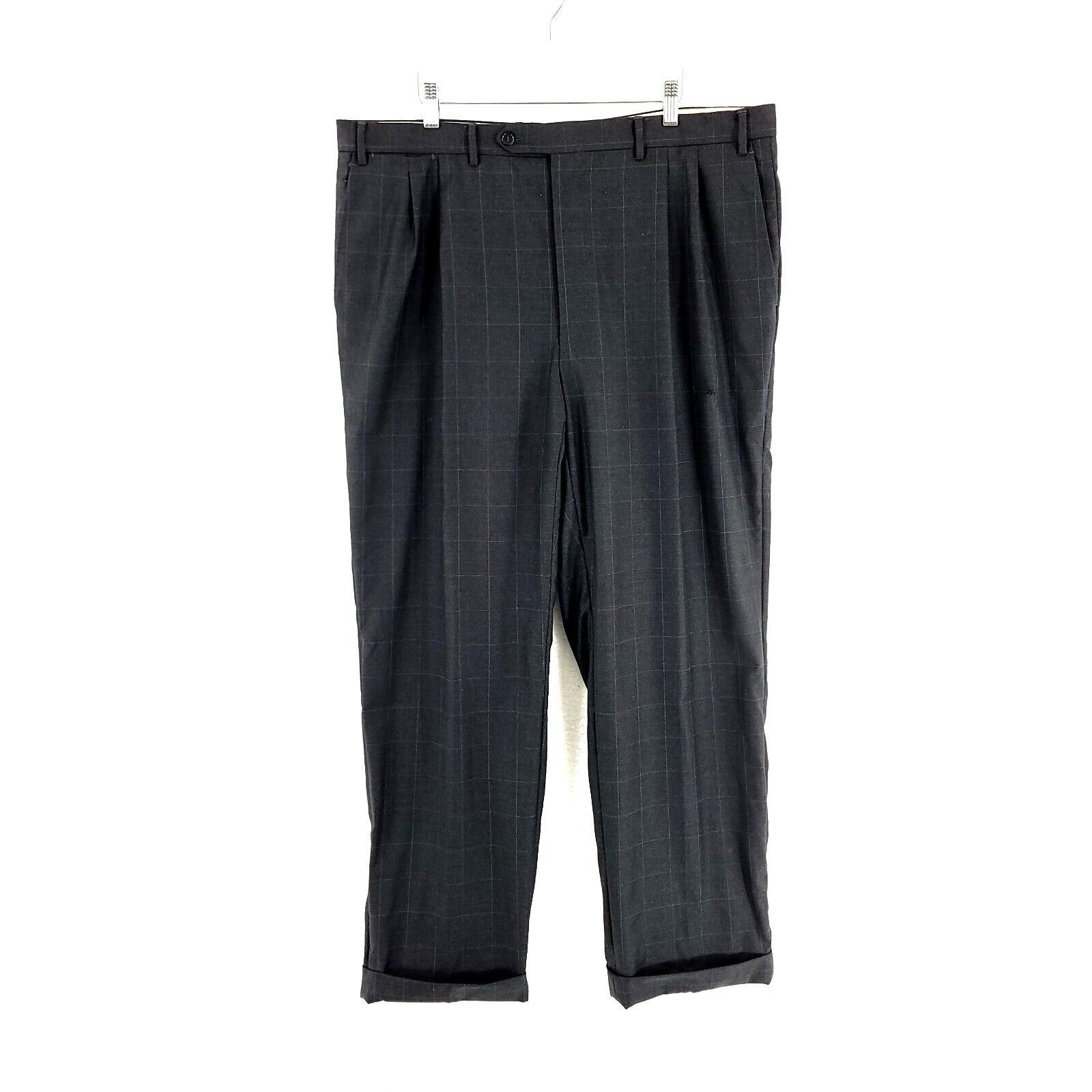 Canali DAMAGED Canali Wool Twill Gray W/ Blue Windowpane Pleated Dr Size 40R - 1 Thumbnail