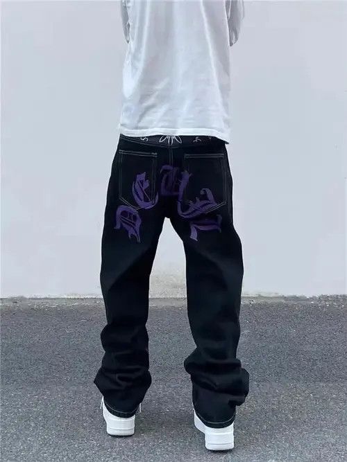 Jean Black High Street Hip Hop Printed Wide Leg Jeans Size US 30 / EU 46 - 2 Thumbnail