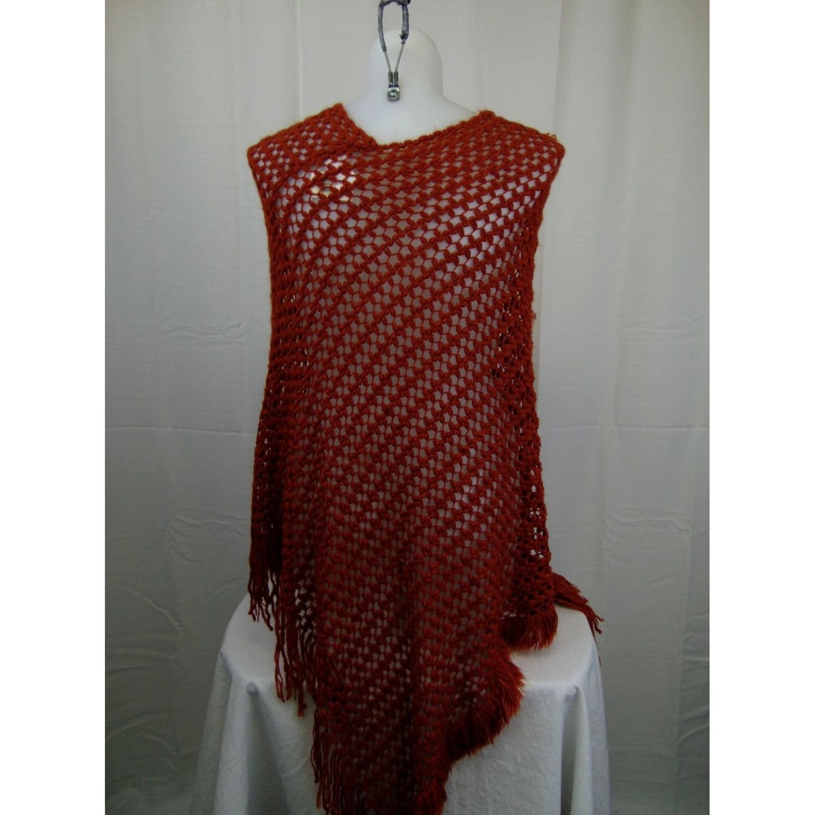 Vintage Collection XIIX Poncho Open Waffle Stitch Fringe Sequoia Rust One Size Women Size ONE SIZE - 4 Thumbnail