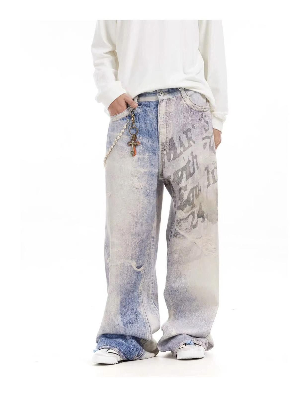 Letters Disstressed Washed Wide Leg Jeans