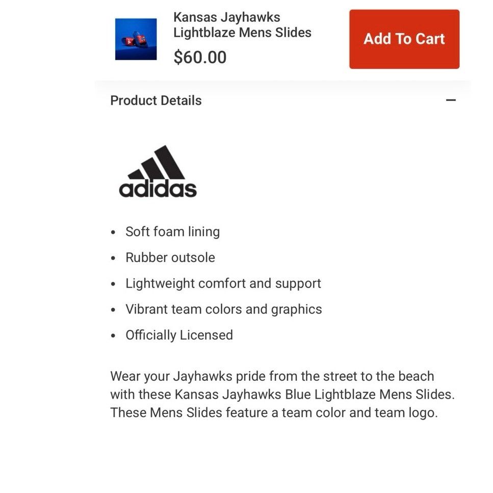 Adidas KANSAS JAYHAWKS LIGHTBLAZE MENS SLIDES US size 11 Size US 11 / EU 44 - 5 Thumbnail