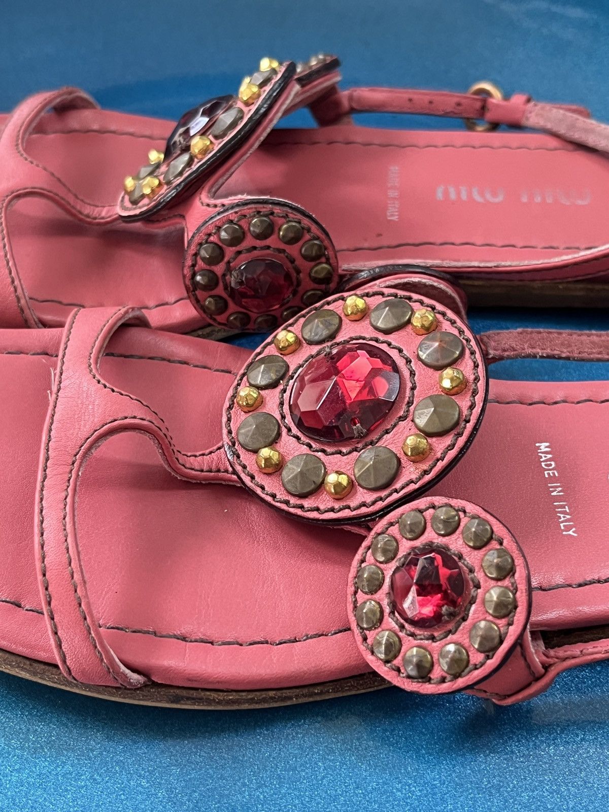 Prada Miu Miu Rare T-Strap Gemstud Leather Sandals Size US 5 / IT 35 - 8 Thumbnail