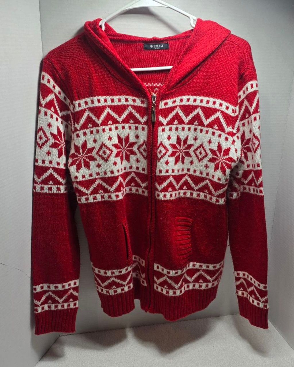The Unbranded Brand Women's GIBIU Red & White Fair Isle Hooded Cardigan Sweater Size S / US 4 / IT 40 - 1 Thumbnail