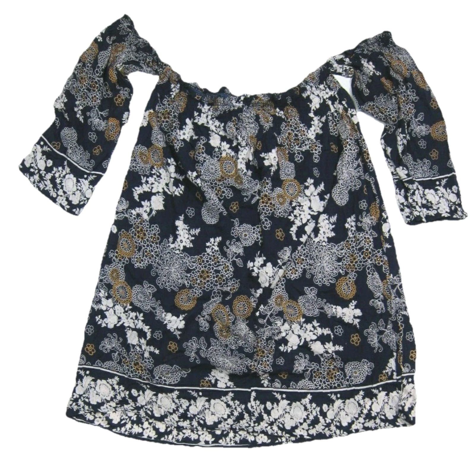 Vintage Angie Blouse Shirt Women Medium Blue Floral Off Shoulder 3/4 Sleeve 100% Rayon Tunic Casual Size M / US 6-8 / IT 42-44 - 5 Thumbnail