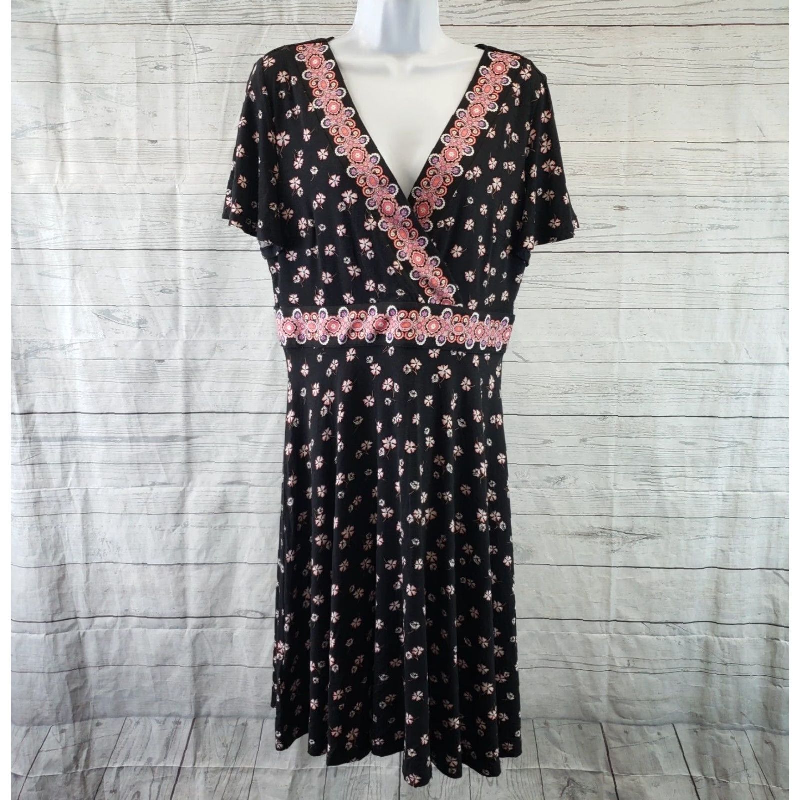 Loft Ann Taylor LOFT Womens Dress Sz 10 Black Pink Floral Short Sleeve V-Neck Size 32" / US 10 / IT 46 - 2 Thumbnail