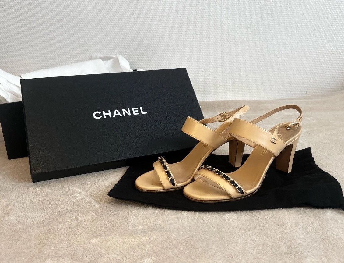 Chanel Lambskin Open Toe Heel Shoes Chain Sandals - Beige, Women's (Size 4.5)