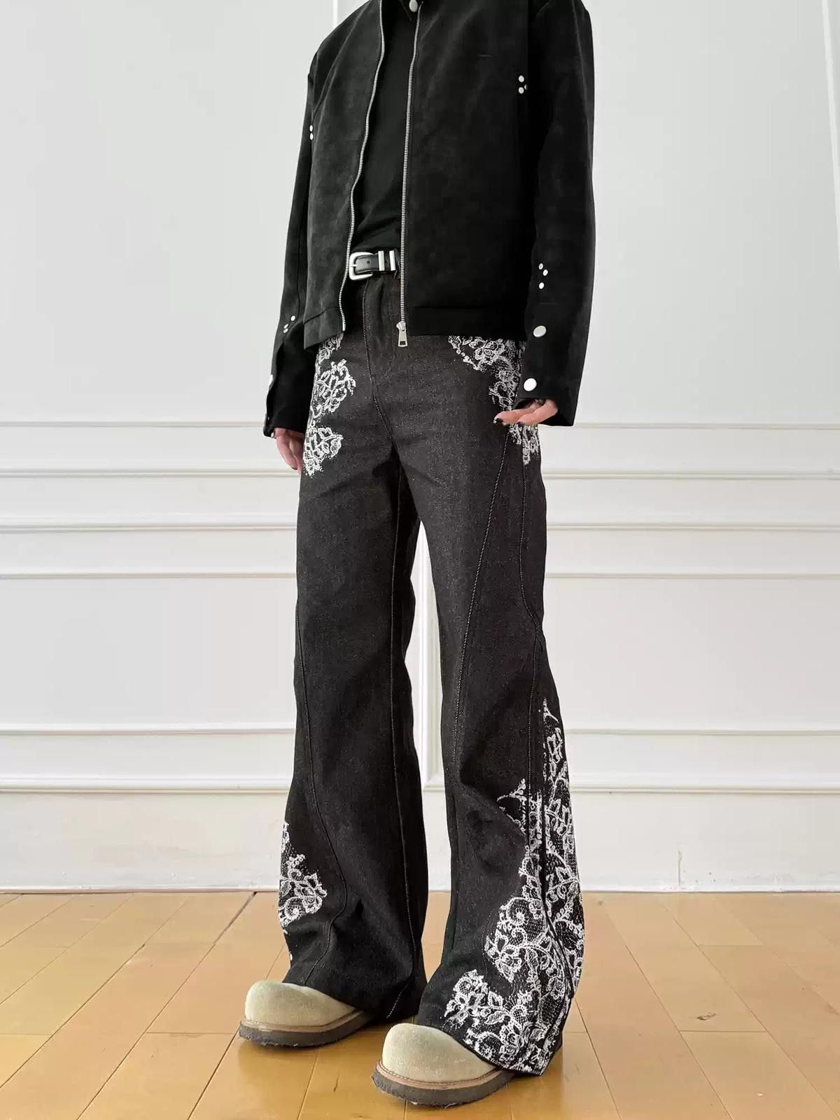 Jean Black Wide Leg Jeans with White Floral Print, Flared Fit Size US 32 / EU 48 - 1 Thumbnail