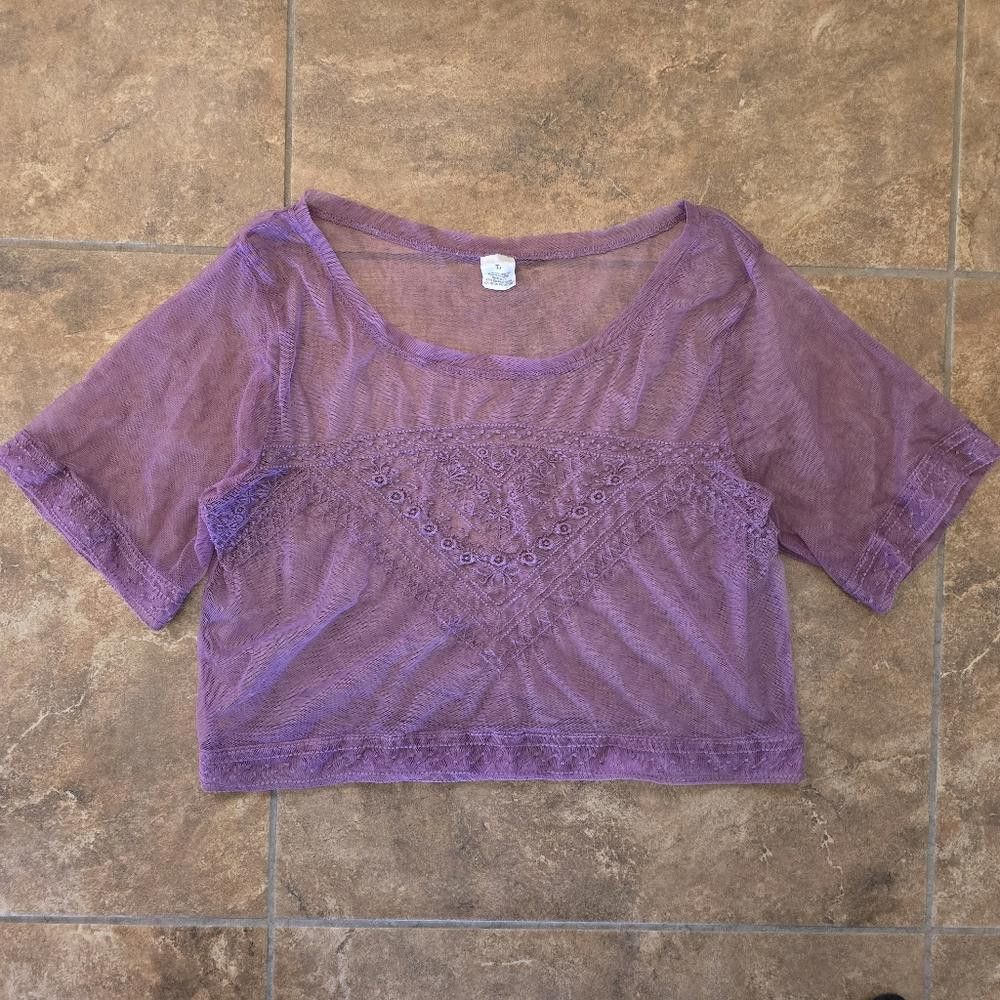 Designer Purple Sheer Detailed Cropped Short Sleeve Size L / US 10 / IT 46 - 1 Thumbnail