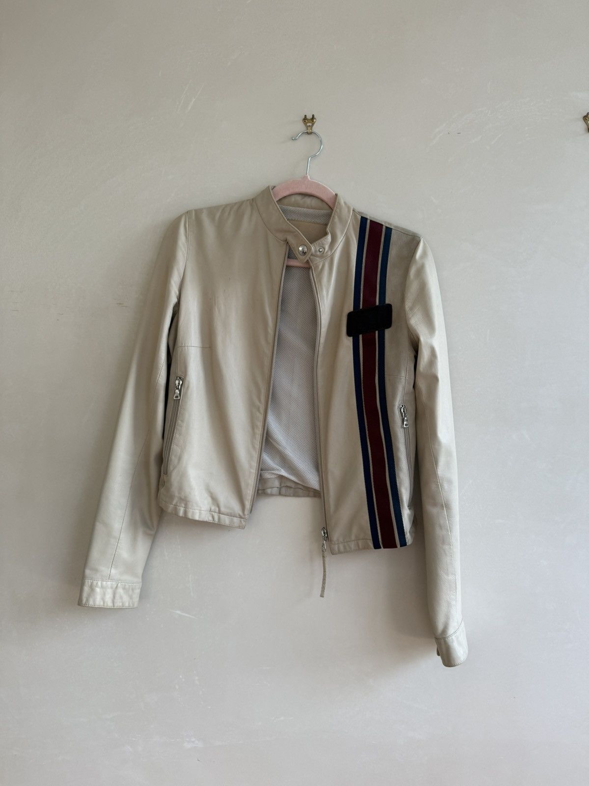 Prada PRADA Sport Linea Rossa Cream Leather Moto Jacket Size XS / US 0-2 / IT 36-38 - 3 Thumbnail