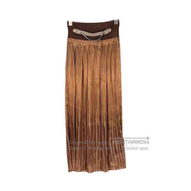 Hermes Hermes Beige Silk and Khaki Leather Buckle Skirt Size 24" / US 00 / IT 34 - 1 Thumbnail