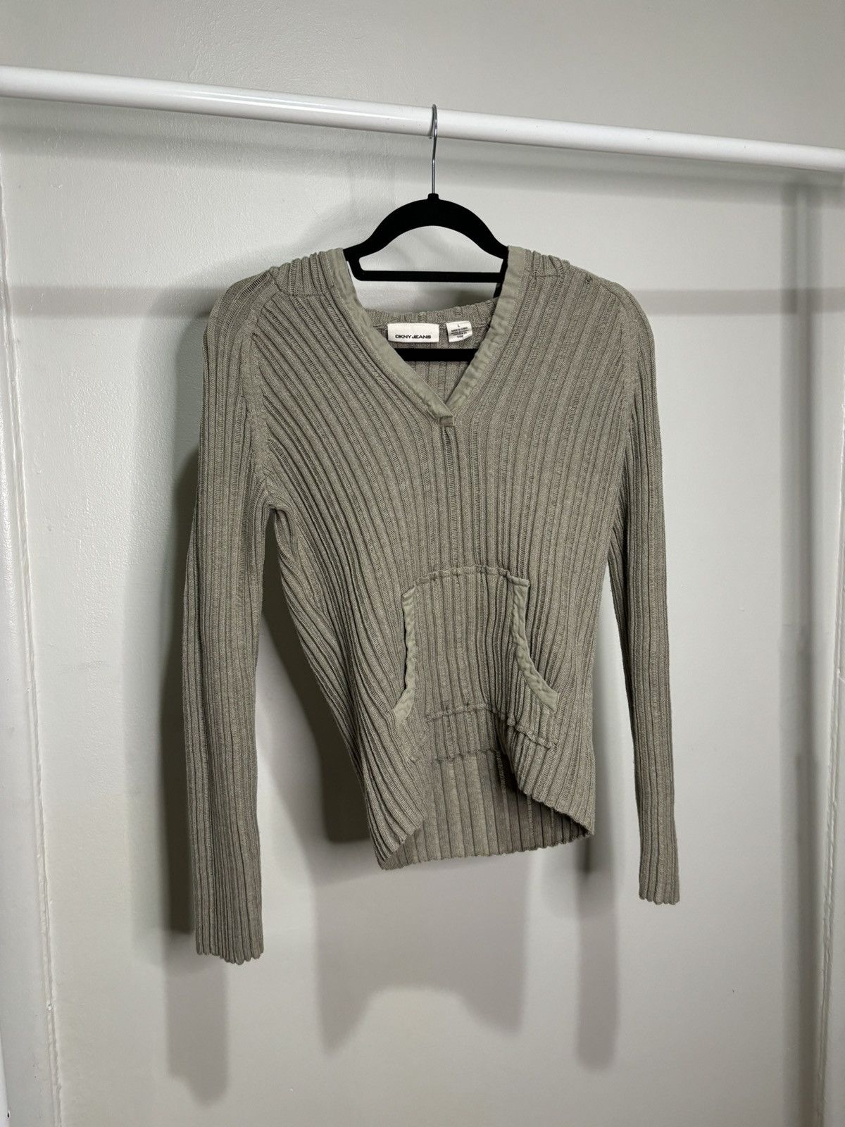 DKNY × Vintage Vintage Y2K DKNY Beige Knit Hoodie Sweater Size L / US 10 / IT 46 - 1 Thumbnail