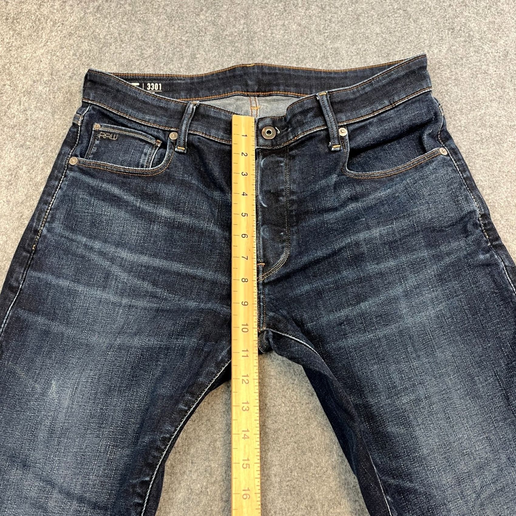 G-Star G-Star Jeans Slim Fit Regular 33 Dark Wash Blue Denim 5-Pocket Tapered Mens Slim 3301 Model 3301 Stretch Cotton Elastan Size US 33 - 5 Thumbnail
