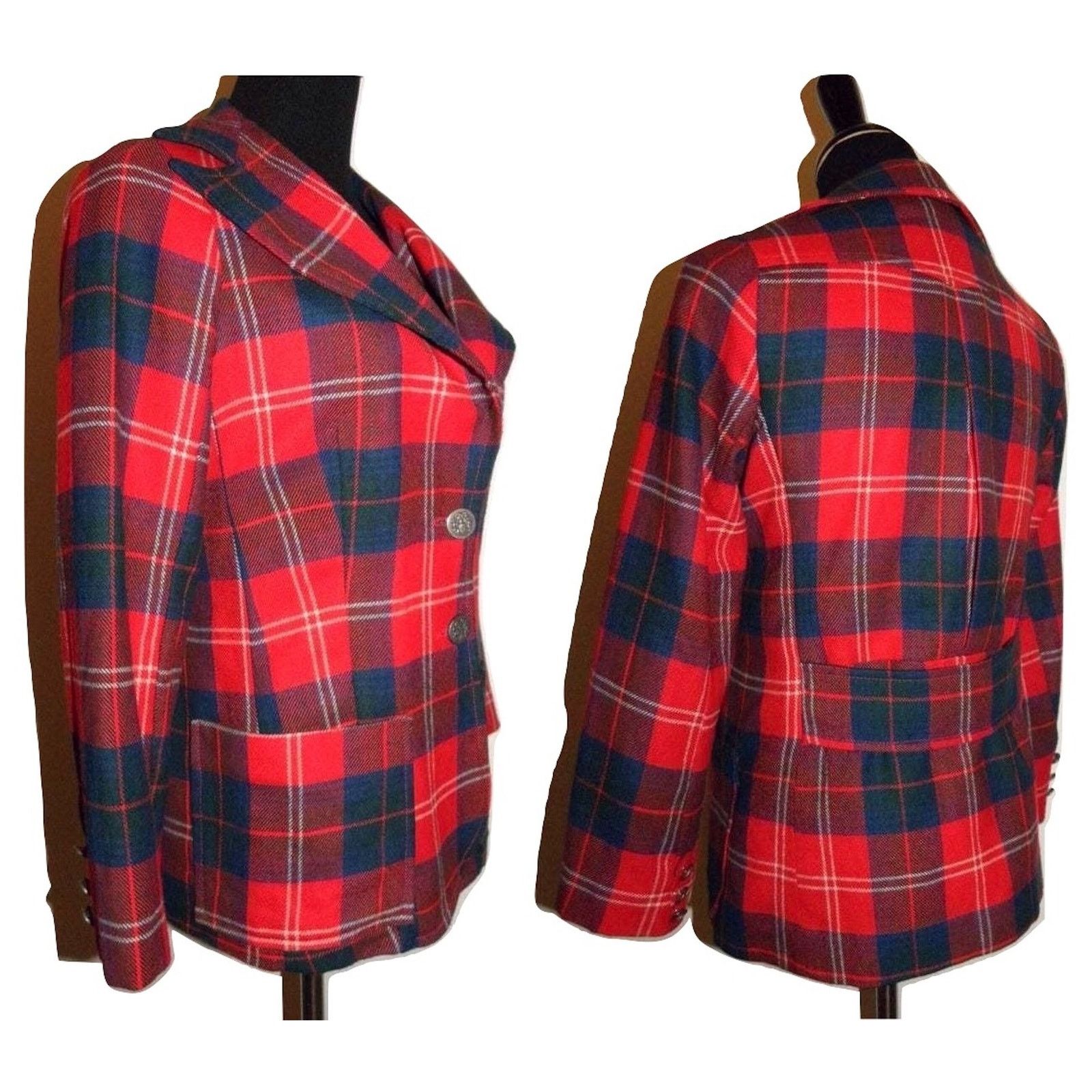 Vintage 70s RED Plaid Tartan Blazer Wide Notched Collar MOD Punk Size S / US 4 / IT 40 - 2 Thumbnail