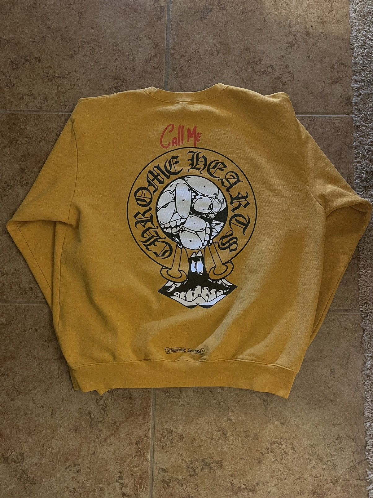 image of Chrome Hearts Matty Boys Call Me Crewneck in Mustard, Men's (Size Large)