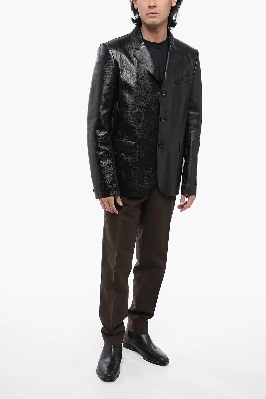 Versace og1mm0426 Hammered Leather Single-Breasted Blazer in Black Size US M / EU 48-50 / 2 - 4 Thumbnail