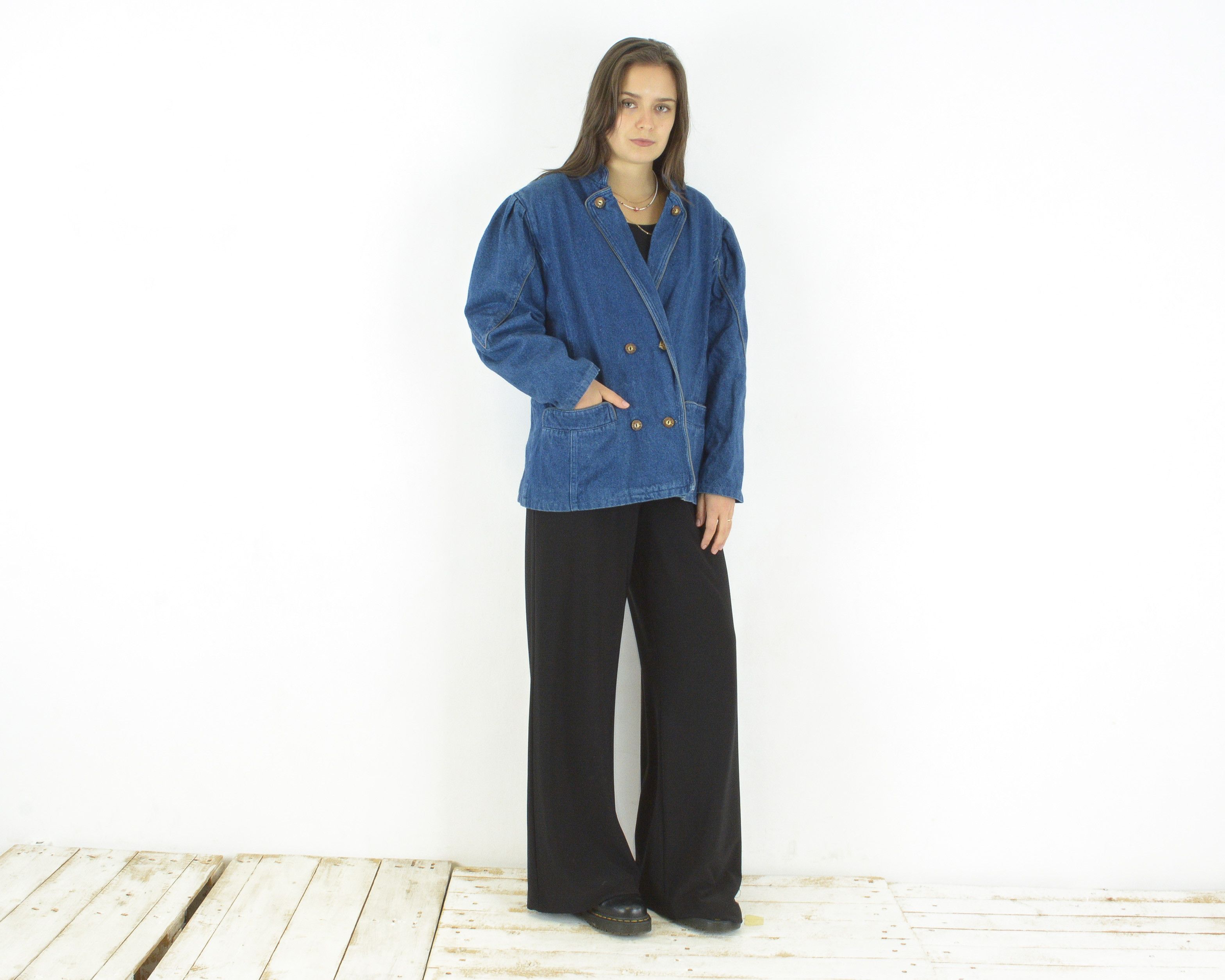 Vintage L Denim Jean Jacket Button Up Blazer Double Breasted Top Size L / US 10 / IT 46 - 1 Thumbnail