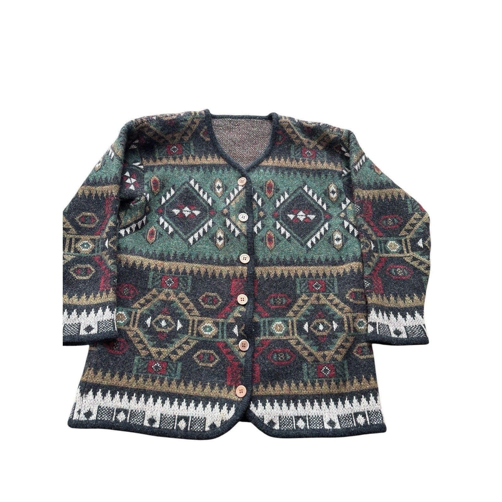 The Unbranded Brand Vintage Aztec Pattern V Neck Wool Sweater Small Green Gray Size S / US 4 / IT 40 - 1 Thumbnail
