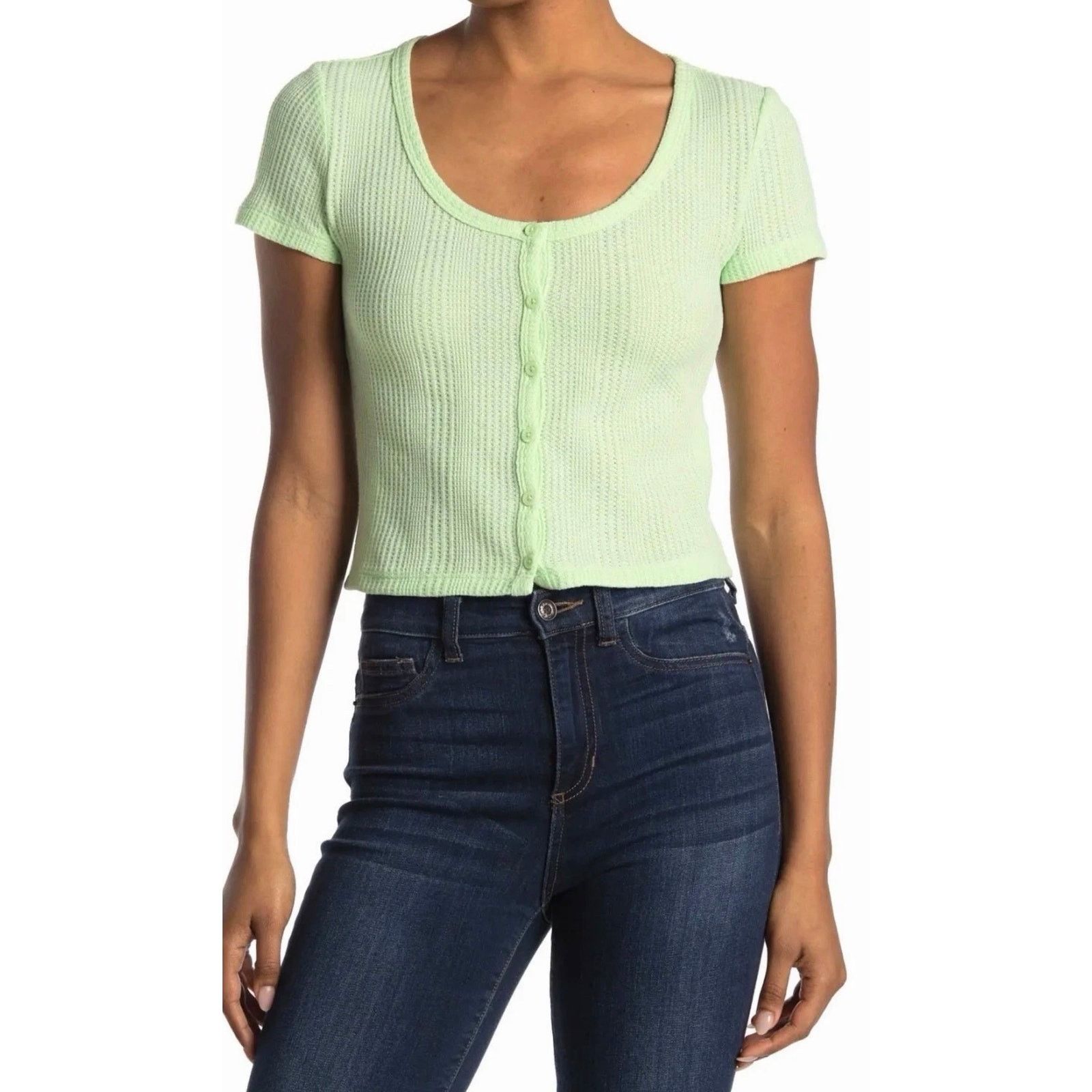 Other Elodie Waffle Knit Short Sleeve Button Up Crop Top Green XL Size XL / US 12-14 / IT 48-50 - 4 Thumbnail