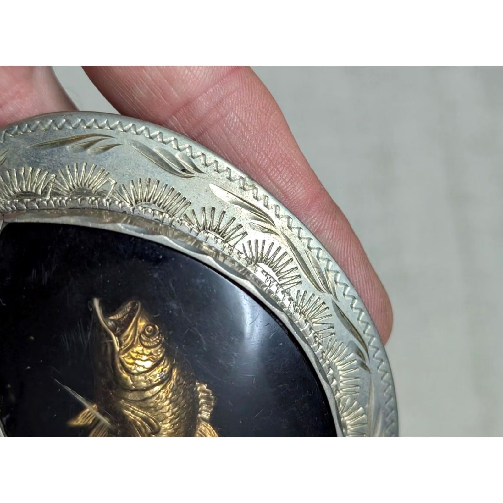 Vintage VINTAGE Western Jewelry belt buckle FISHING BASS German Silver Men Engraved 2.75" x 4" Fits 1.5" Womens? Size ONE SIZE - 6 Thumbnail
