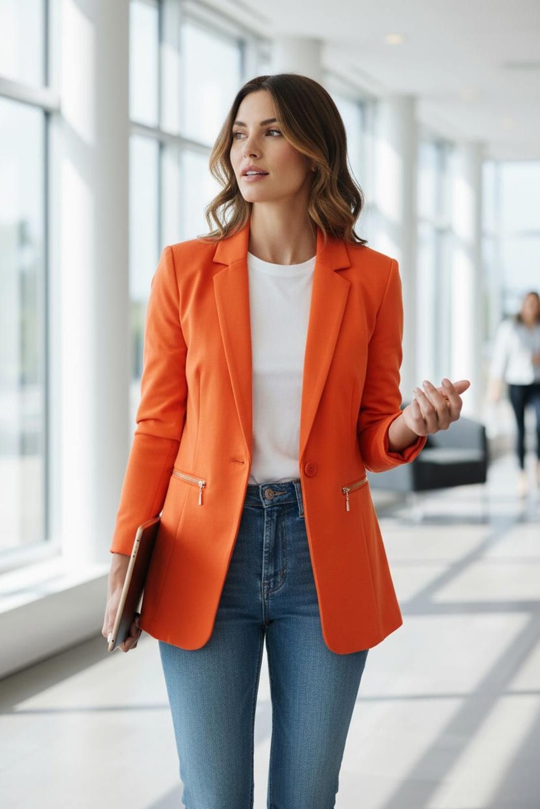 Other GENHOO Women's Orange Blazer with Zipper Pockets Size M / US 6-8 / IT 42-44 - 1 Thumbnail