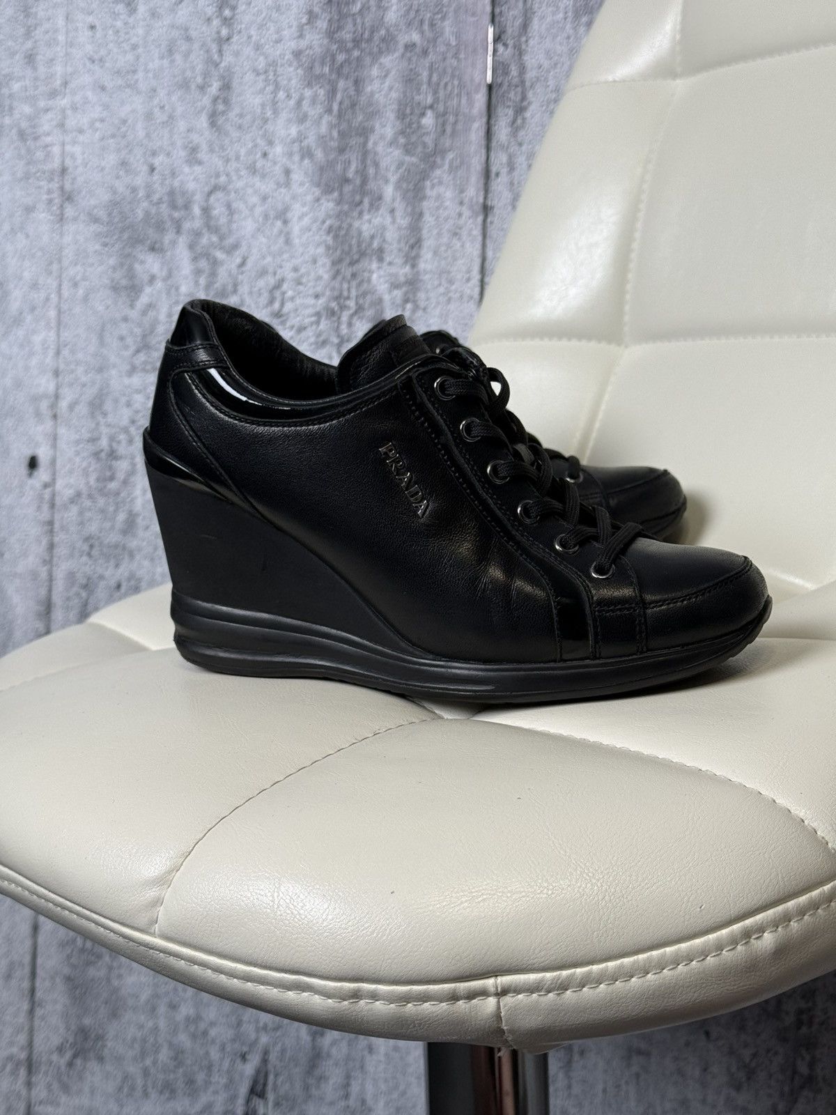 Prada PRADA Wedge Sneakers Black Leather Womens Platform Shoes Size US 6.5 / IT 36.5 - 9 Thumbnail